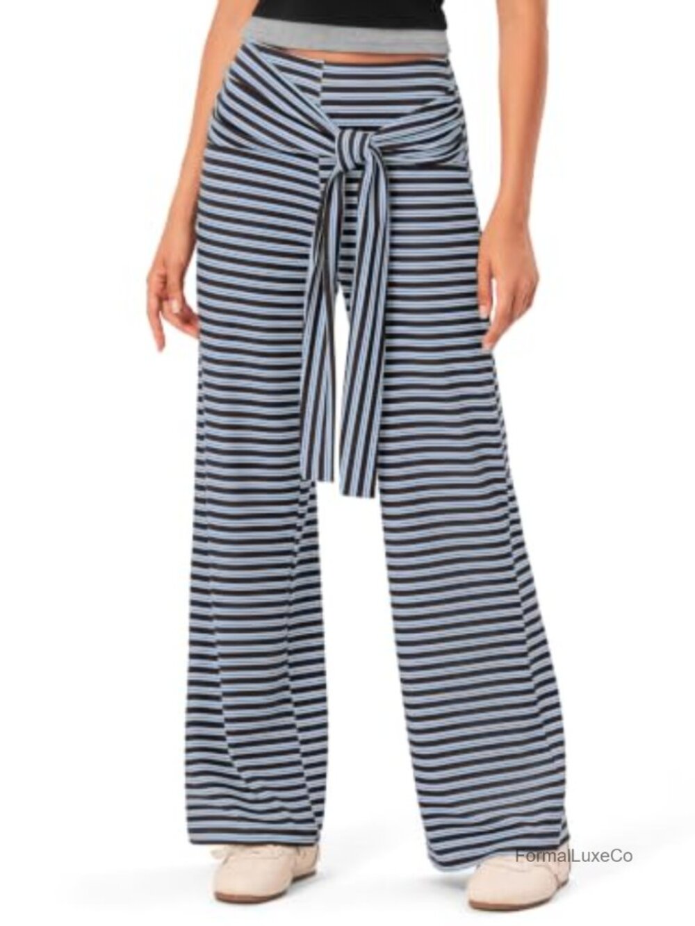Women's Striped Wide Leg Palazzo Pants High Rise Wrap Tied Trousers